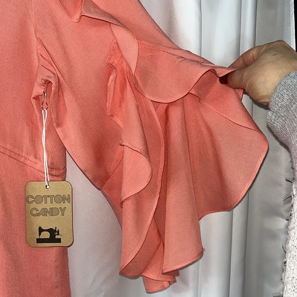 NWTCOTTON CANDY ruffle sleeve pull tie bodice midi length lined dress Sz M Coral - Picture 6 of 9